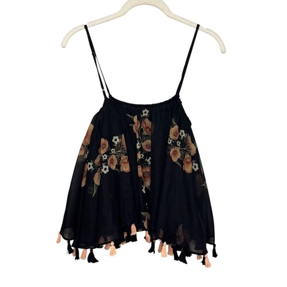 Anthropologie Carolina K Top Size Small Black Floral Tassel Hem Boho Festival - Picture 2 of 6
